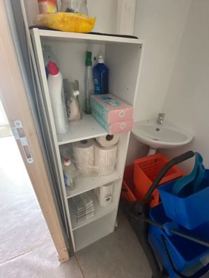 une salle de bains équipée de toilettes, d'un lavabo et d'une étagère
