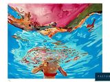 tableau représentant une femme en bikini rouge en train de nager dans une piscine