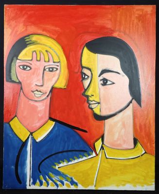 un tableau représentant deux femmes debout l'une à côté de l'autre
