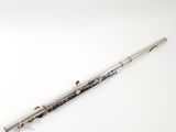 a silver flute with a black and white design on it