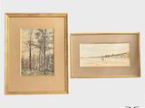 deux tableaux encadrés représentant des arbres et une plage, dans un cadre doré