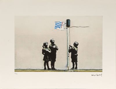 a painting of two people standing next to a flag pole