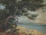 une image représentant un tableau d'un arbre au bord de l'eau