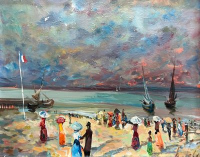 tableau représentant des personnes sur la plage, avec des parasols et des bateaux en arrière-plan
