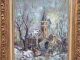 une peinture à l'huile représentant une église sous la neige, avec une calèche tirée par un cheval