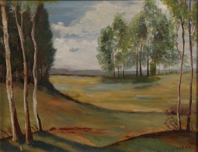 une peinture à l'huile représentant un champ avec des arbres au premier plan et un lac au loin