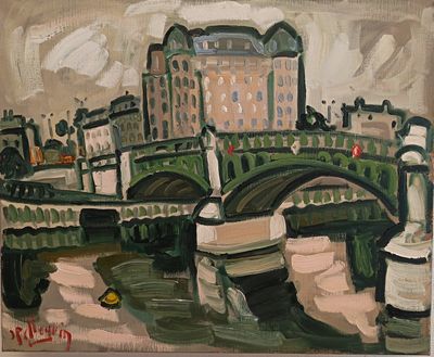peinture représentant une peinture d'un pont enjambant une rivière, avec un bâtiment en arrière-plan