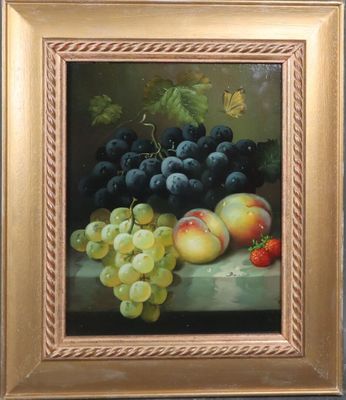 an oil painting of grapes, peaches and strawberries on a table