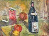 une peinture représentant une bouteille de vin et des fruits posés sur une table