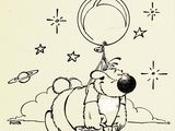 dessin humoristique représentant un chien portant un chapeau d'anniversaire et tenant un ballon