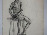 dessin représentant un homme assis sur un tabouret, les jambes croisées
