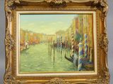an oil painting of a gondola on display in a gold frame