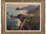 une peinture à l'huile représentant une vue de l'océan depuis une falaise