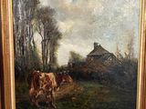 une peinture à l'huile représentant des vaches dans un champ, avec une grange en arrière-plan