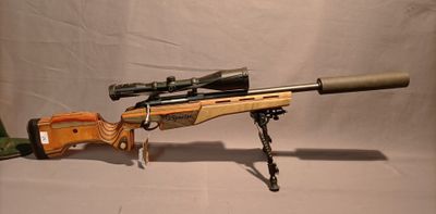 la carabine est posée sur un support avec un fusil sur le côté