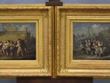 two paintings of a man and a woman with a dog on a leash