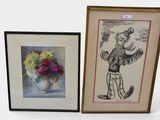 a picture of a picture of a clown and a vase of flowers