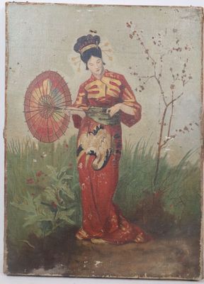 painting of a woman in a red dress holding a red parasol