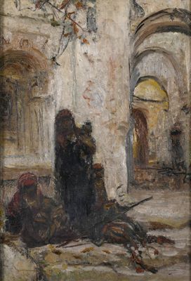 une image représentant un tableau où l'on voit un homme et une femme dans une cour