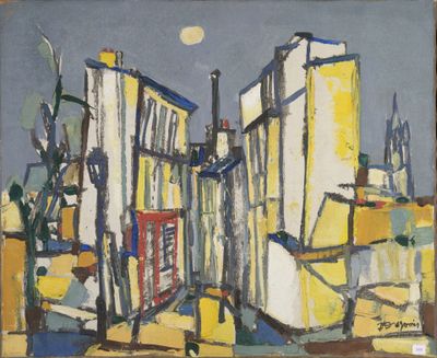 l'image d'une peinture représentant un paysage urbain avec des bâtiments à l'arrière-plan