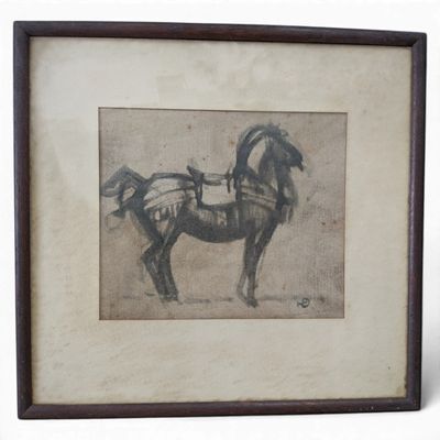 painting of a horse drawn by a man in a harness