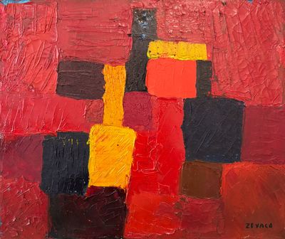peinture abstraite représentant des carrés rouges, jaunes et noirs sur un fond rouge