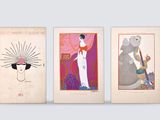 three art nouveau paintings of a woman in a white dress and a man in a red hat