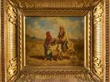 a painting of a man and a woman in a desert landscape