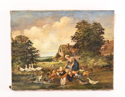 tableau représentant une femme nourrissant des poules dans un champ, avec une maison en arrière-plan