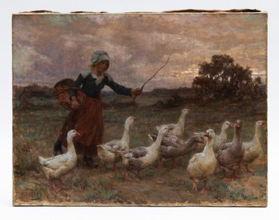 un tableau représentant une femme donnant à manger à des canards dans un champ