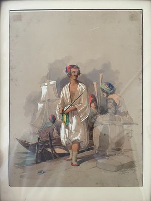 un tableau représentant un homme debout devant un bateau