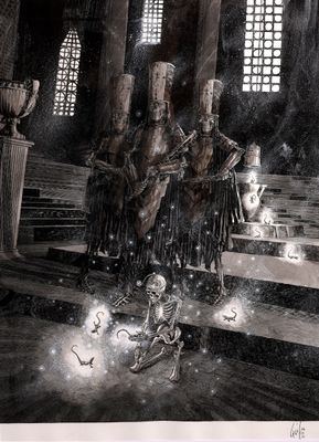un dessin en noir et blanc représentant un squelette assis sur un banc
