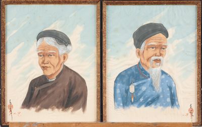 VIETNAM, XXe siècle Ensemble de deux peintures sur soie repr…