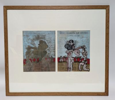 two framed pictures of a dog and a cat in a room