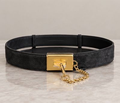 black leather belt with gold buckle and chain