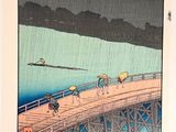 a picture of a painting of people on a bridge in the rain