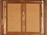 an old picture of a window with a wooden frame on the outside of it