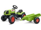 the toy tractor is green with red wheels and a trailer