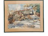 framed watercolor painting of a beach scene with boats and palm trees