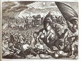 a black and white drawing of a man on a horse in the middle of a battle