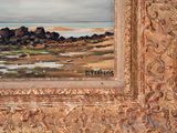 a picture of a painting of a beach with rocks