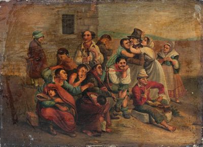 un vieux tableau représentant un groupe de personnes dans un village