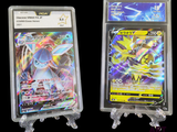 two pokemon cards in clear plastic cases on a black background