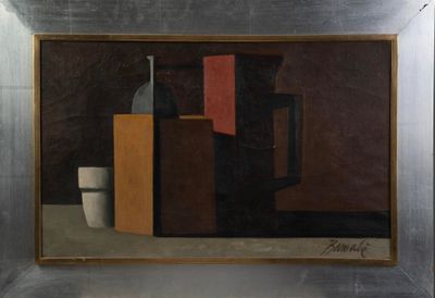 un tableau représentant un vase et une tasse posés sur une table