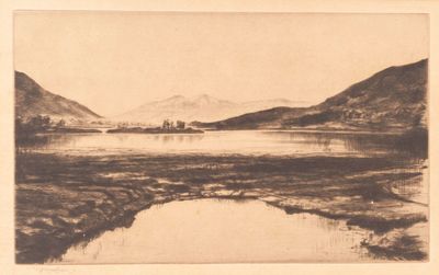 a black and white photo of a lake with mountains in the background