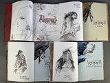 several pages of a book with a drawing of a woman and a bird