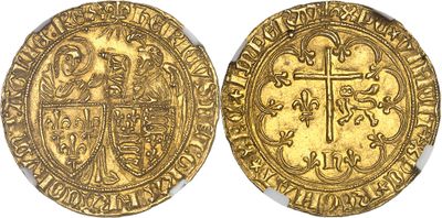 a gold coin with a cross on the front and a shield on the back