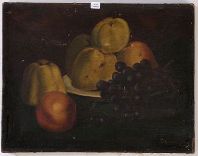 une peinture représentant une assiette de fruits posée sur une table