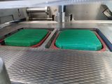 deux plateaux contenant des aliments verts sur un tapis roulant