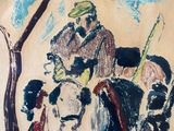 an image of a painting of a man riding a horse with a group of people